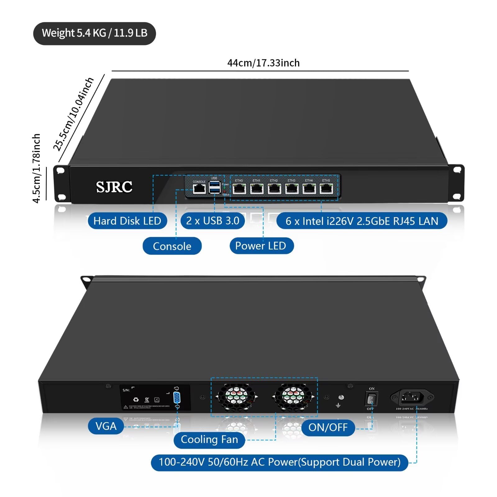 SJRC 19 pouces matériel pare-feu N100 12e génération, routeur pare-feu 1U avec 6 x i226V 2,5 GbE LAN, 19" Rack OPNsense Appliance pour serveur VPN Office, DDR5 32 Go RAM 512 Go SSD, VGA