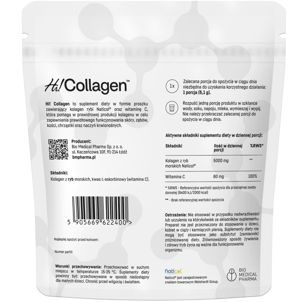 Kolagen morski hydrolizowany w proszku z witaminą C – Naticol 5000 mg, peptydy 2000 Dalton – Typ I i III – Czysty, bez smaku – Hi Collagen (30 porcji, 1 miesiąc)