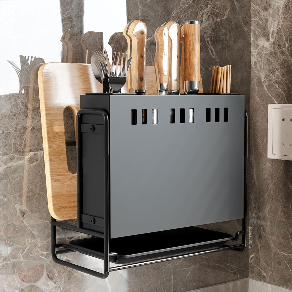 壁掛けキッチンナイフホルダー 省スペース カトラリーと箸オーガナイザー 排水デザイン 頑丈な鉄製ラック