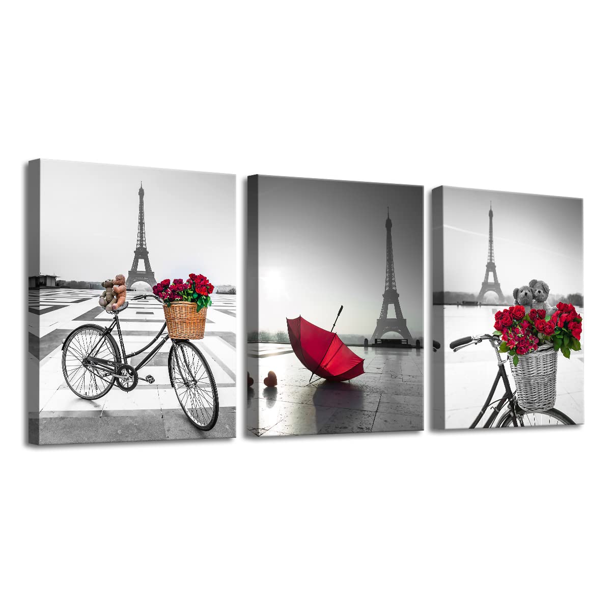 Roya Art-Black And White Wall Art, Red Flowers Bicycle Umbrella In Front of the Eiffel Tower Landscape Poster on Canvas Print, 3 Piece Paris Street Scene Painting Modern Artwork for Bedroom Kitchen Bathroom Office Home Decor