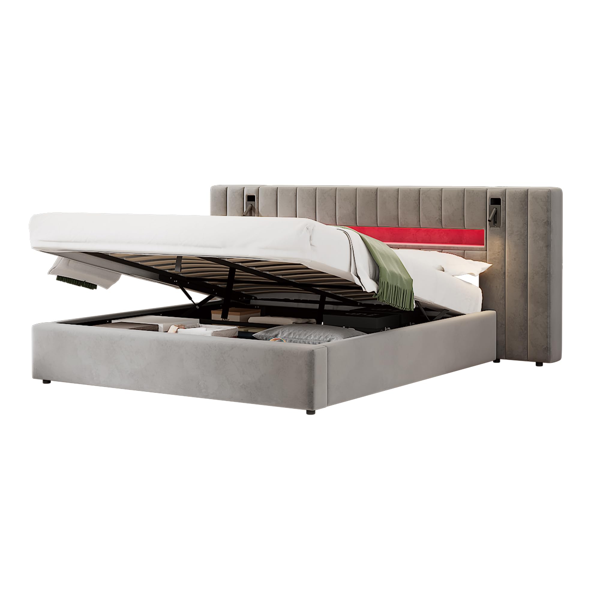 Moimhear Telaio letto imbottito con porta USB, letto matrimoniale, illuminazione a LED, lampada da comodino, con spazio contenitore, senza materasso, in velluto, grigio (180 x 200 cm)