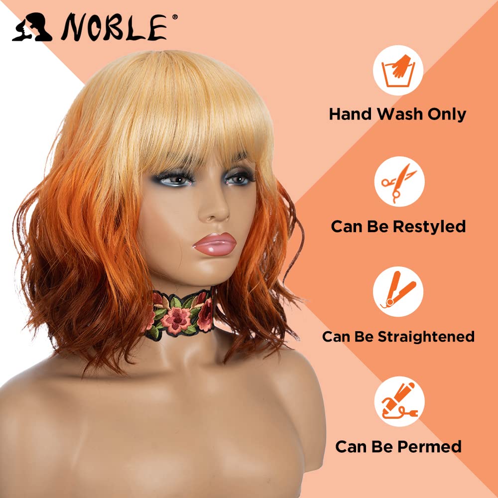 NOBLE Short Bob Wigs with Bangs for Women 3 Tone Ombre Color Synthetic Shoulder Length Curly Wavy Blonde to Orange to Ginger Wig Natural Looking Heat Resistant Colorful Daily Party Cosplay Bob Wigs - Image 2