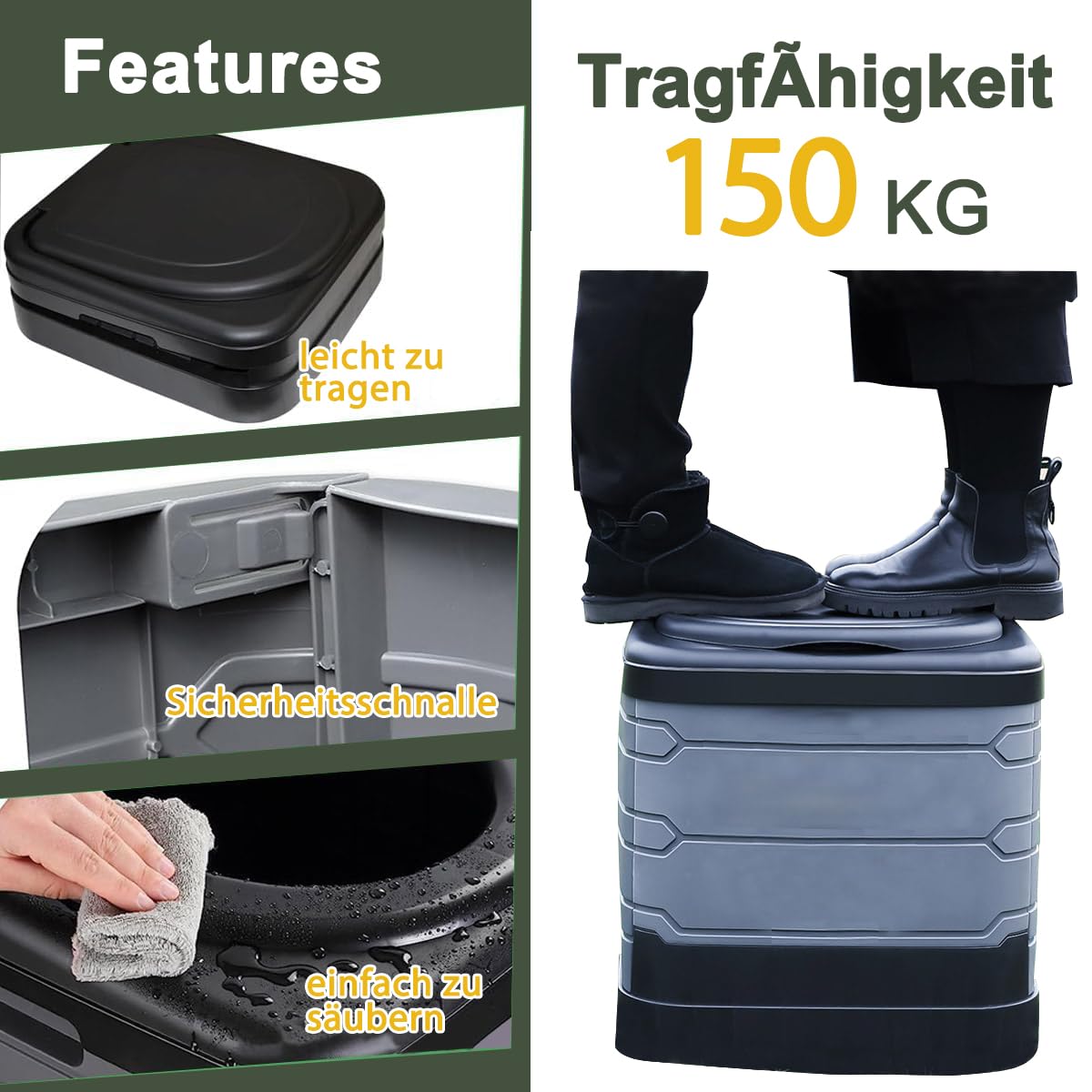 Faltbare Campingtoilette XXL, Mobile Camping Toiletten 40cm Hohe mit 20pc Müllbeutel, Große Campingklo für Camping, Wandern, Reisen, Wohnmobil, Garten