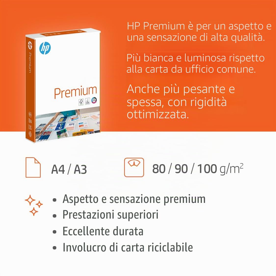 HP Premium Carta per ufficio, Formato A4, 80 gr, Confezione da 5 risme