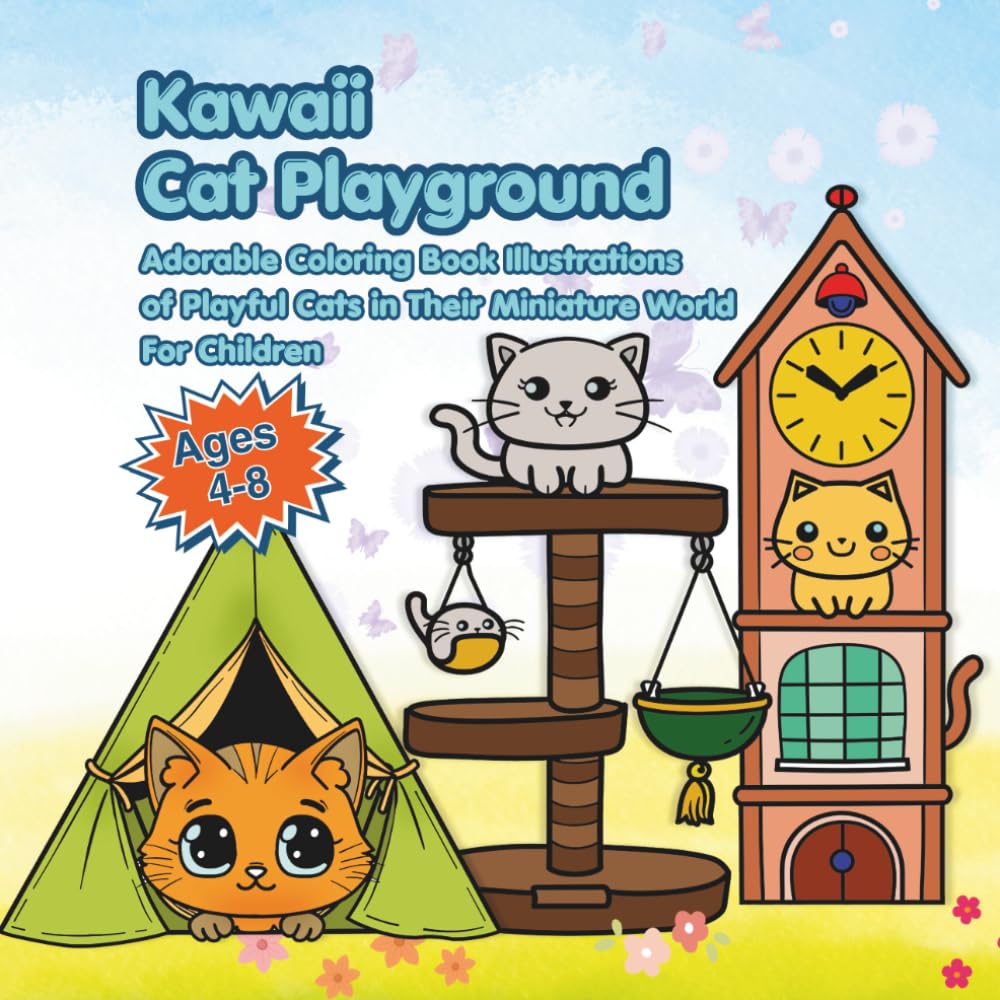 Kawaii Cat Playground: Adorable Coloring Book Illustrations of Playful Cats in Their Miniature World For Children Ages 4-8