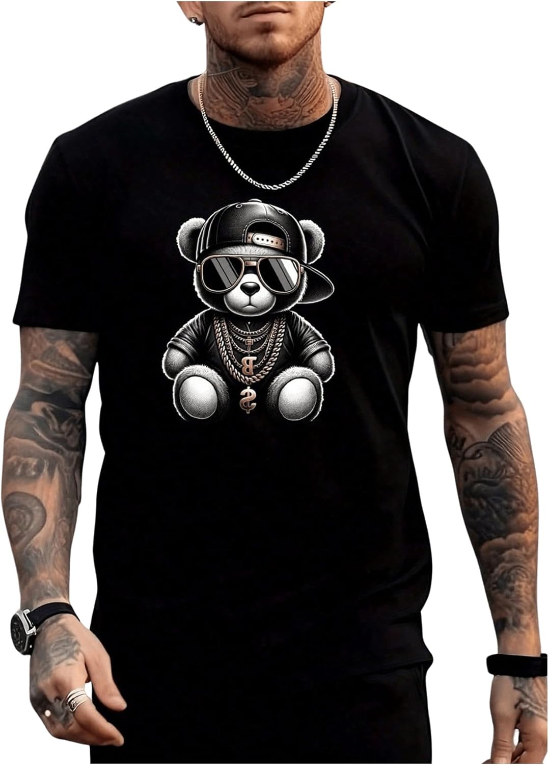 GORGLITTER Men's Bear Slogan Graphic Round Neck T Shirt Short Sleeve Summer Tee Tops