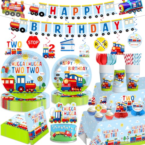 202Pcs Chugga Chugga Two Two Party Decorations Serves 25 Guests 2nd Birthday Decorations for Boys Include Banner Plates Tablecloth Balloons Cake Topper Cupcake Toppers Train Birthday