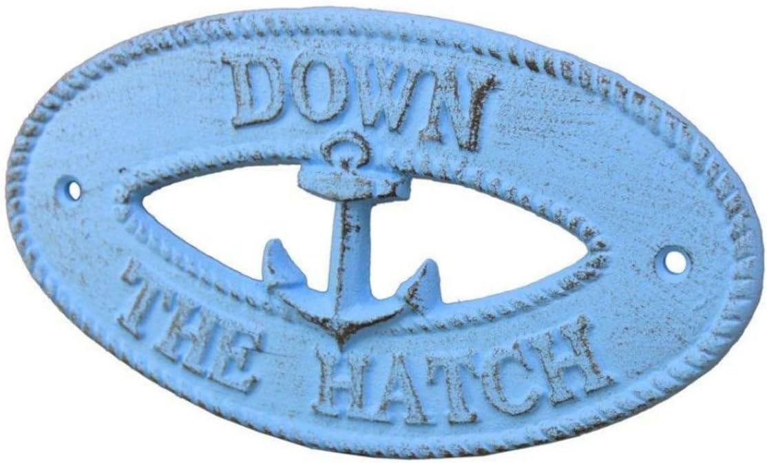 Hampton Nautical K-9307-solid-light-blue Rustic Light Blue Cast Iron Down The Hatch with Anchor Sign 8" - Decorative Metal Wall Art - Cast Iron