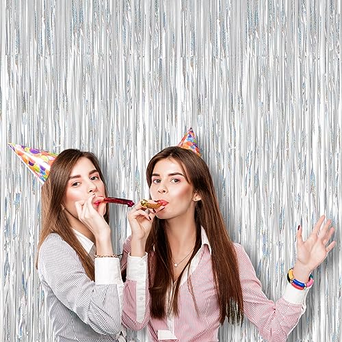 Image of Voircoloria 2 Pack Laser Silver Foil Fringe Backdrop Curtains, Tinsel Streamers Birthday Party Decorations, Fringe Backdrop for Graduation, Baby Shower, Gender Reveal, Disco Party