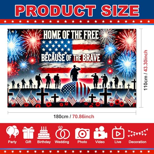 Image of BlissYard Patriotic Memorial Day Banner America Independence Day Backdrop 71 x 43 Inch Home of the Free Because of the Brave Wall Decor Patriotic National Holiday 4th of July Veterans Day Indoor Outdoor Supplies