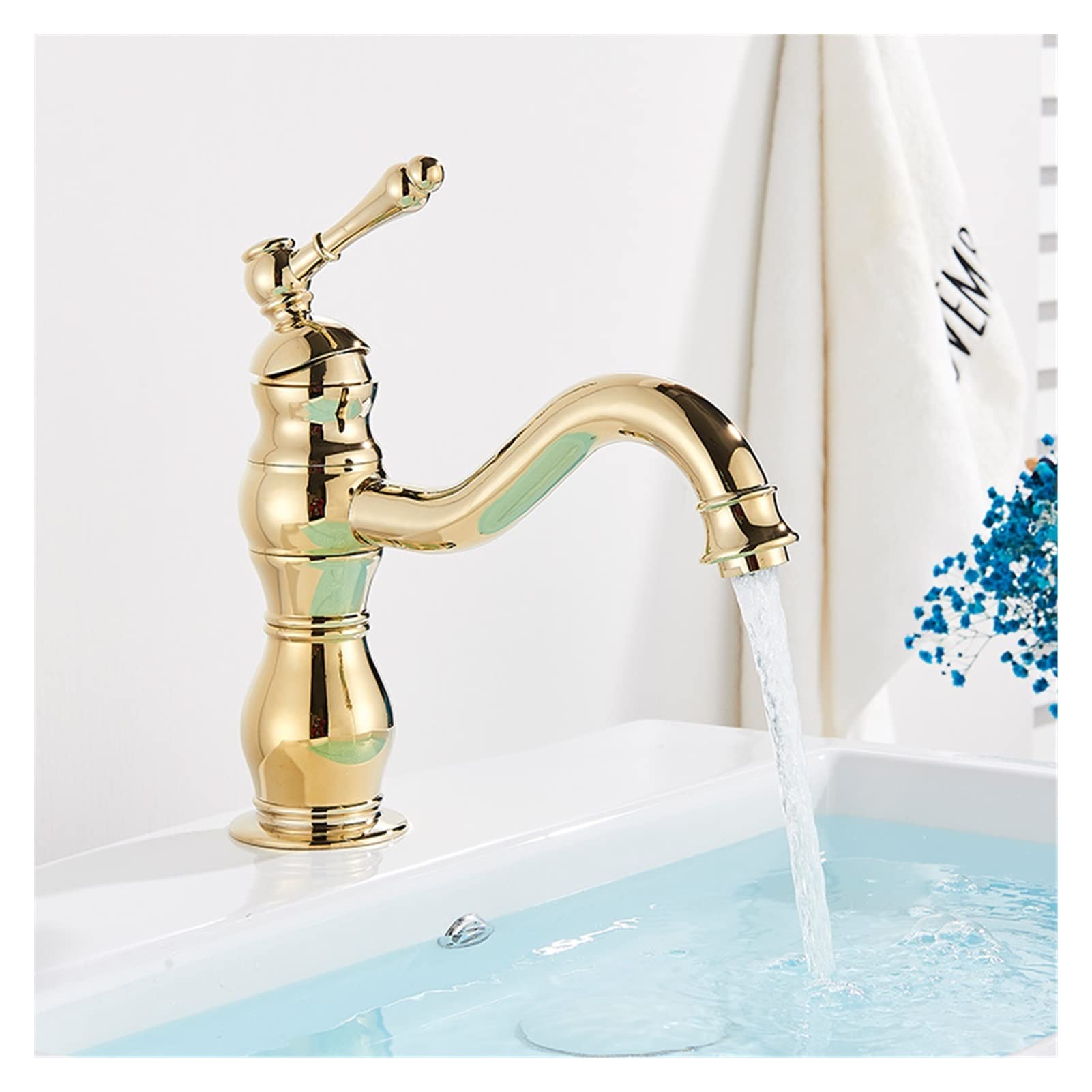 Mooilko Gold Short Brass Antique Brass Taps Bathroom Faucet Basin Faucet Cold Water Column Mixer Deck Mounted Crane Basin Faucet Tall Short Easy To Install(Gold Short)