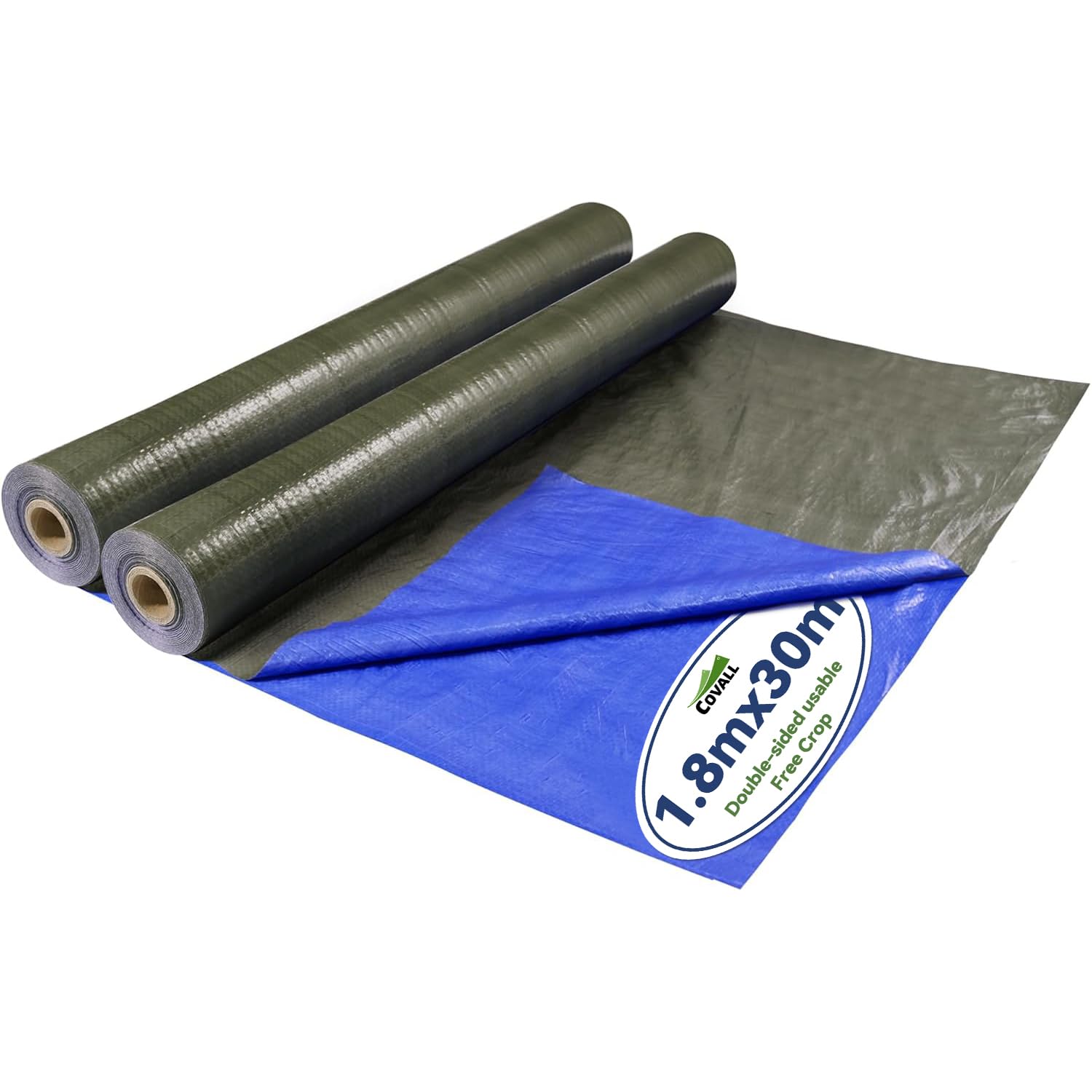 COVALL Waterproof Tarpaulin 1.8x30m,75GSM Free cutting roll tube tarp-UV & Tear Resistant,Double sided usable-military green/blue ground Sheet,Large tarp for Garden,Building,Farm,Camping&Wood Storage — image 1