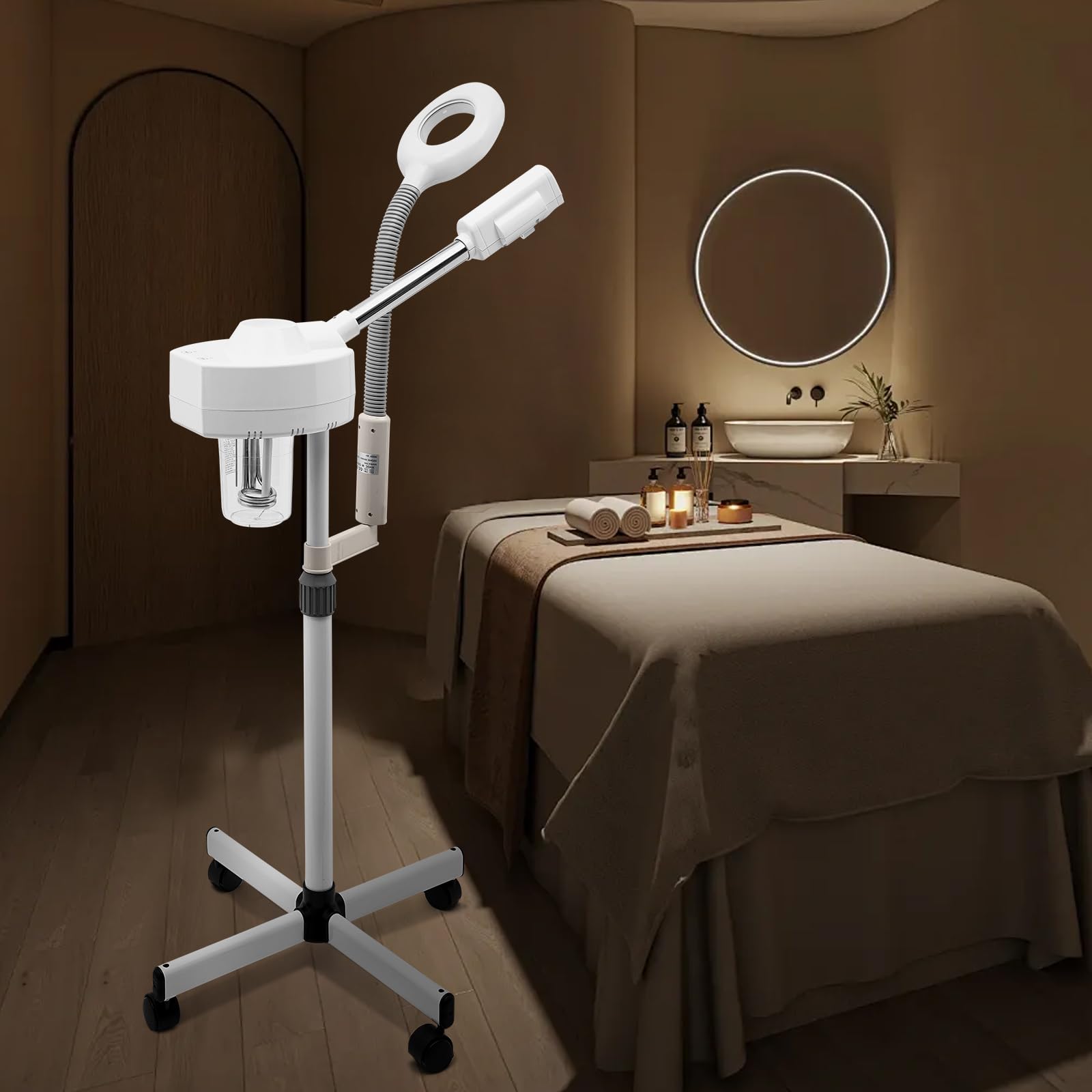 Gesichtsdampfer, 2 in 1 Bedampfer Kosmetik mit Räder, 800W Porenreiniger Gesichtssauna mit 5 Fache LED Lupenleuchte, Multifunktions Dampf Gesicht Gerät für Haushalte, Schönheitssalons, Spas