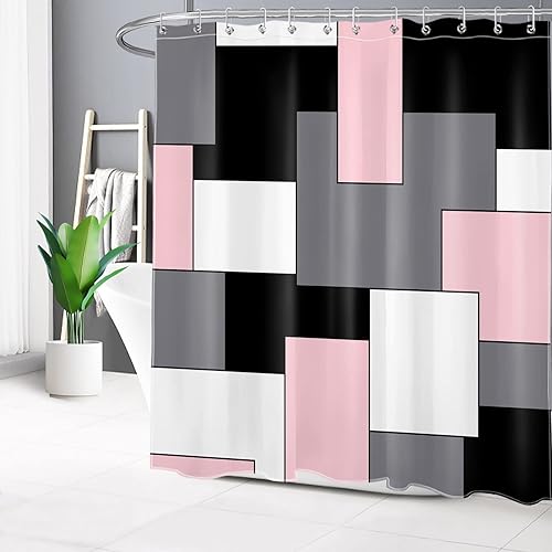 Miniatura 3 de HVEST Cortina de ducha geométrica rosa con ganchos, cortina de ducha moderna geométrica abstracta gris y blanco para baño, 72 x 72 pulgadas, juego