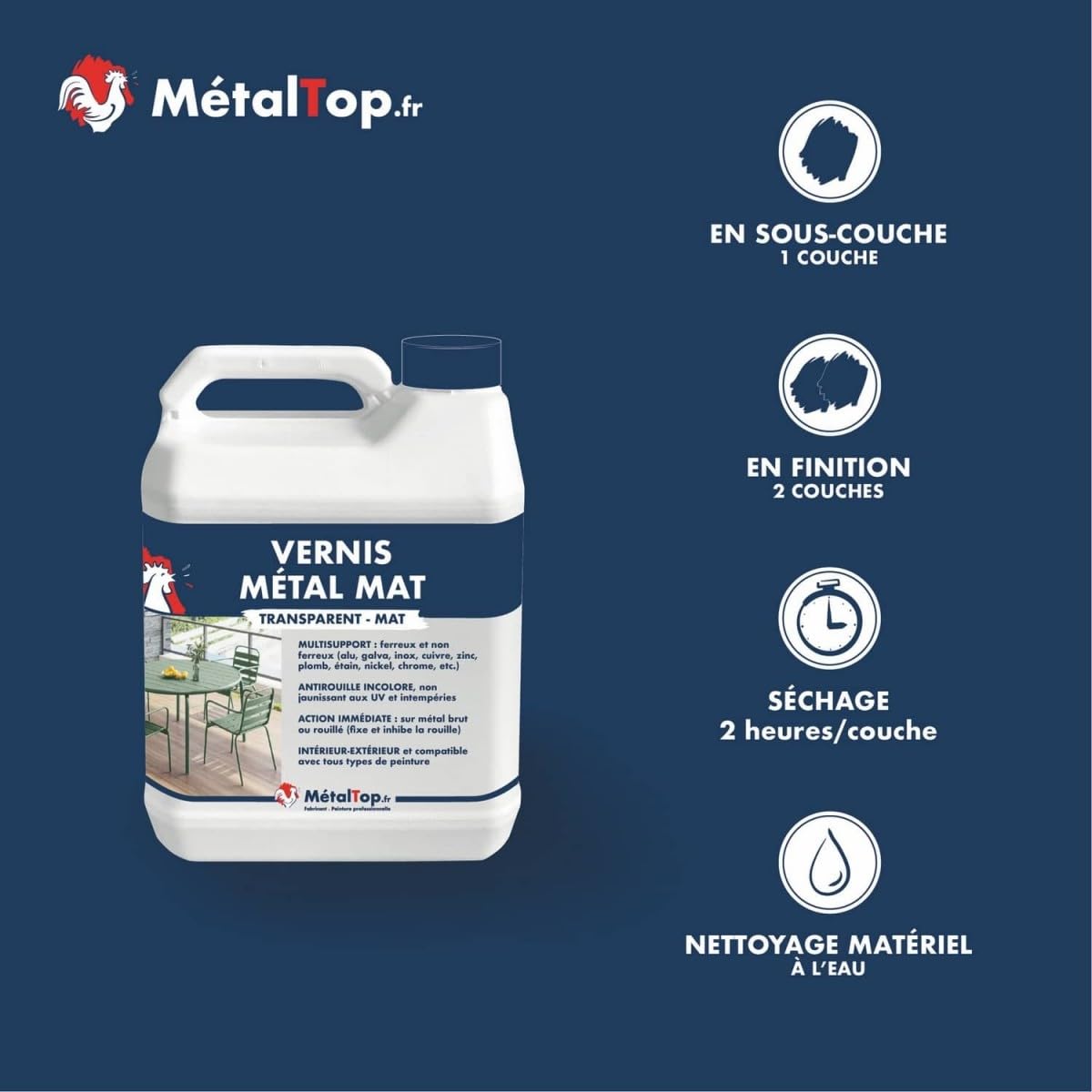 Metaltop - Vernis Metal Mat - 1 L - Pour protéger durablement tous types de métaux.