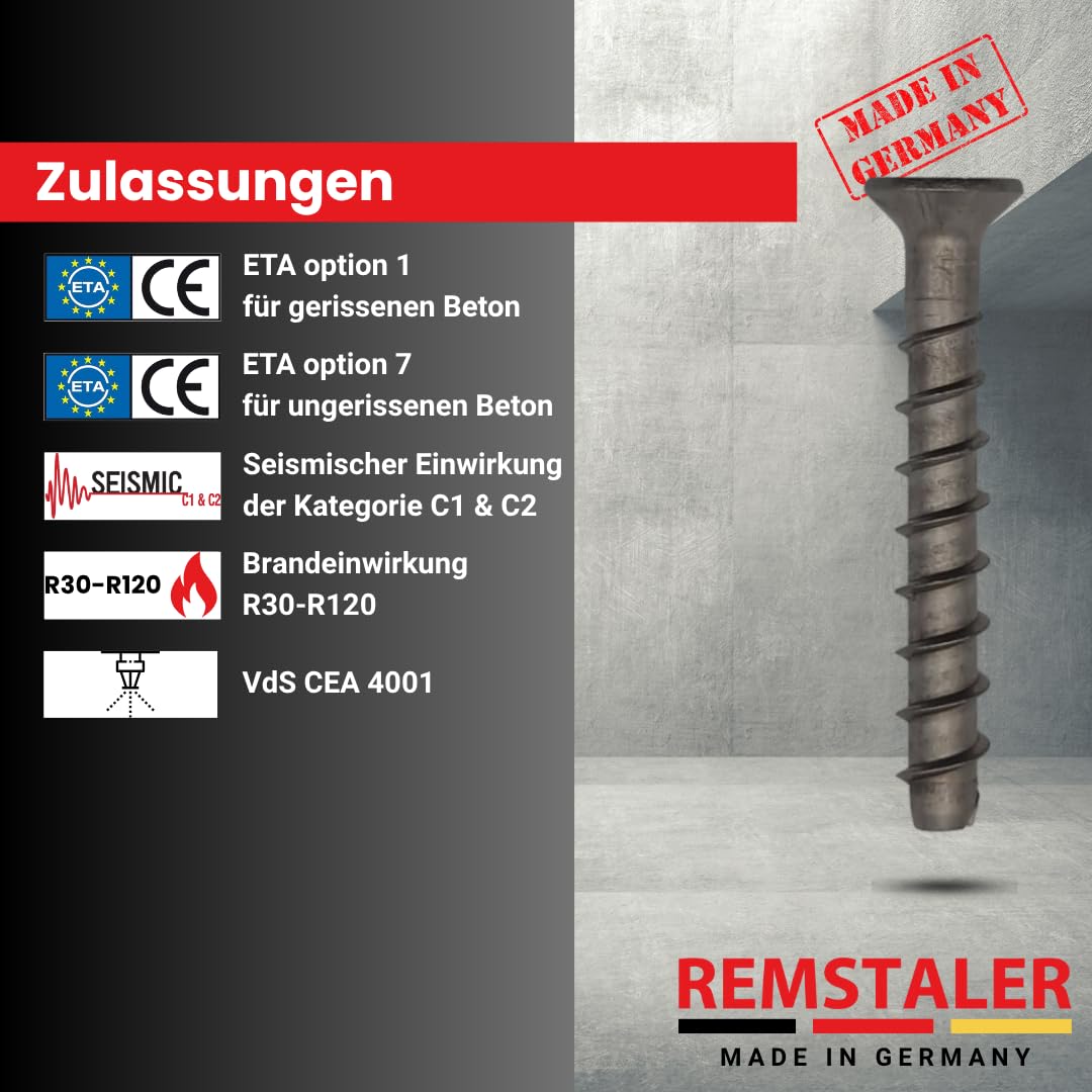 25x Remstaler BETONSCHRAUBE Senkkopf mit Torx-Antrieb | EDELSTAHL A4 | Ø6 - Ø10 | ETA Zulassung | made in GERMANY | Betonschrauben (6x85)