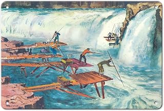 Celilo Falls Columbia River Pacific Northwest - Dipnet Fishing - United Air Lines - Vintage Airline Travel Poster by Millard Sheets c.1952-8 x 12 inch Vintage Metal Tin Sign