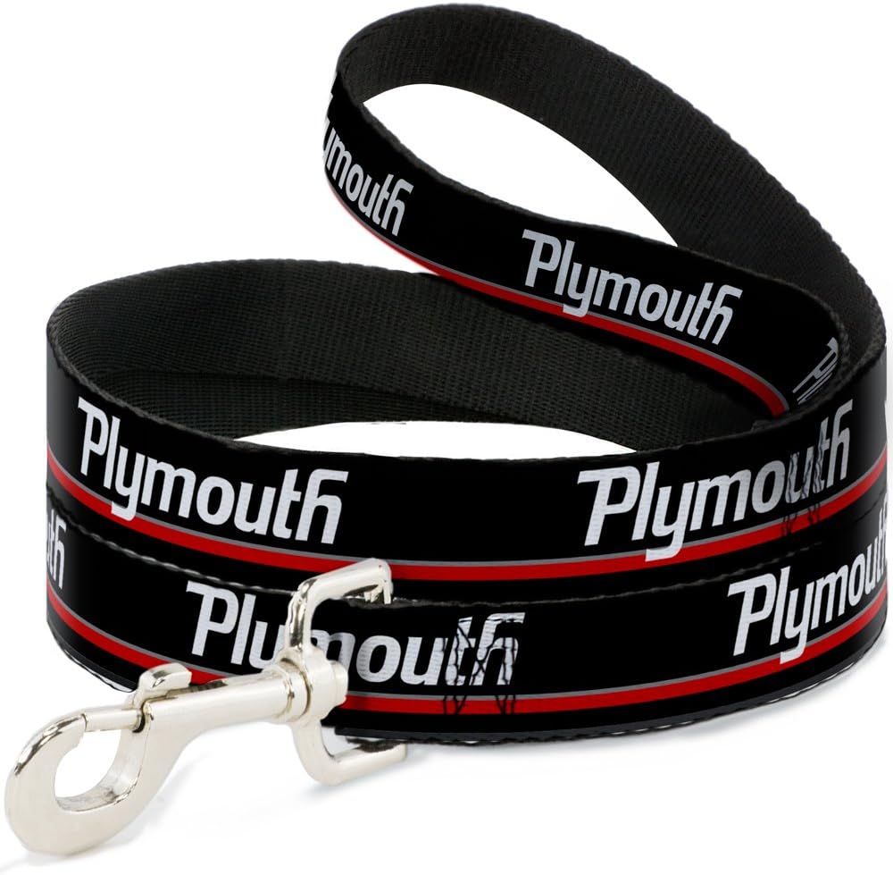 Dog Leash Plymouth Text Stripe Black White Gray Red 6 Feet Long 1.0 Inch Wide