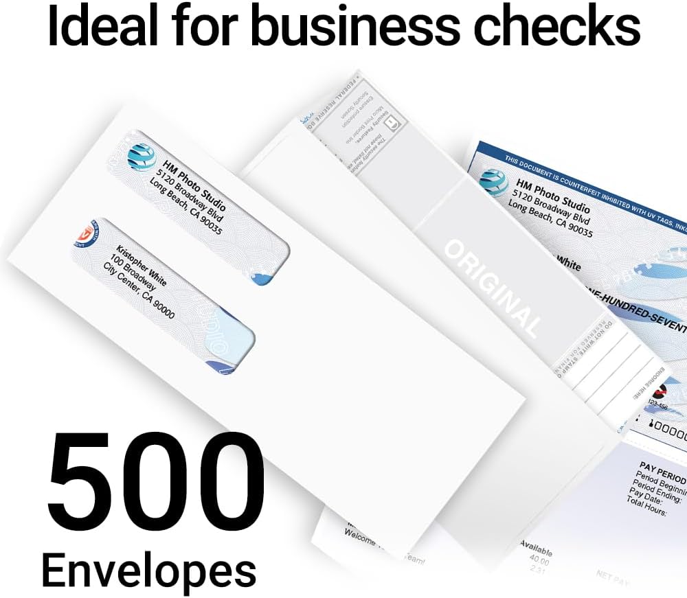 500 VersaCheck Business Self-Sealing Double Window Security Standard and Voucher Check Envelopes - Compatible with business checks made from VersaCheck, QuickBooks, Quicken, Sage, and others.
