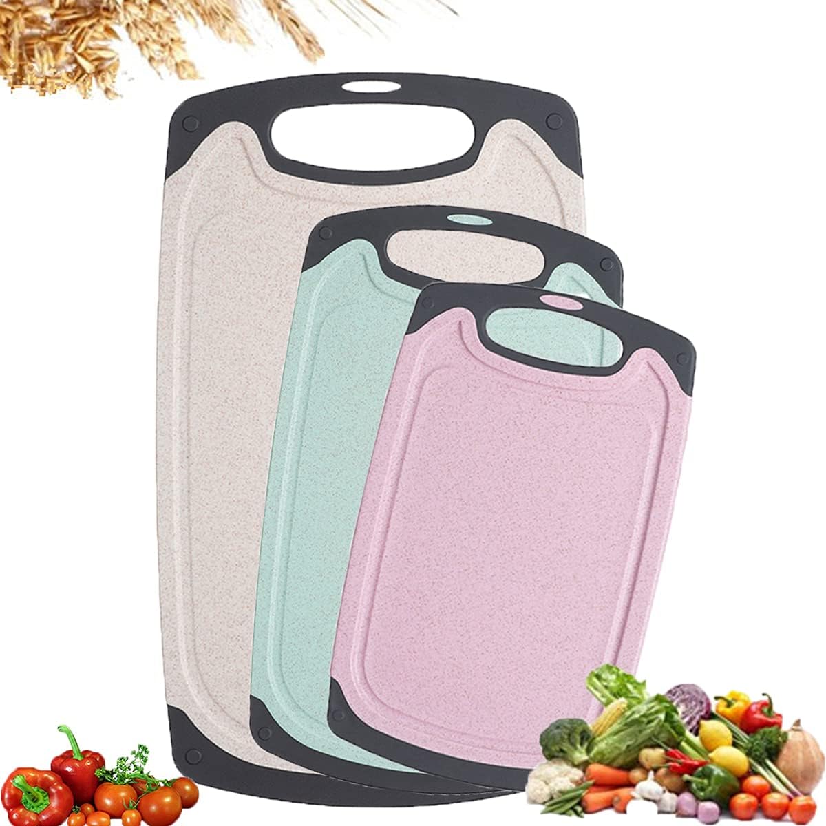3 PCS Chopping Board Set Wheat Straw Cutting Boards Non-Toxic BPA Free