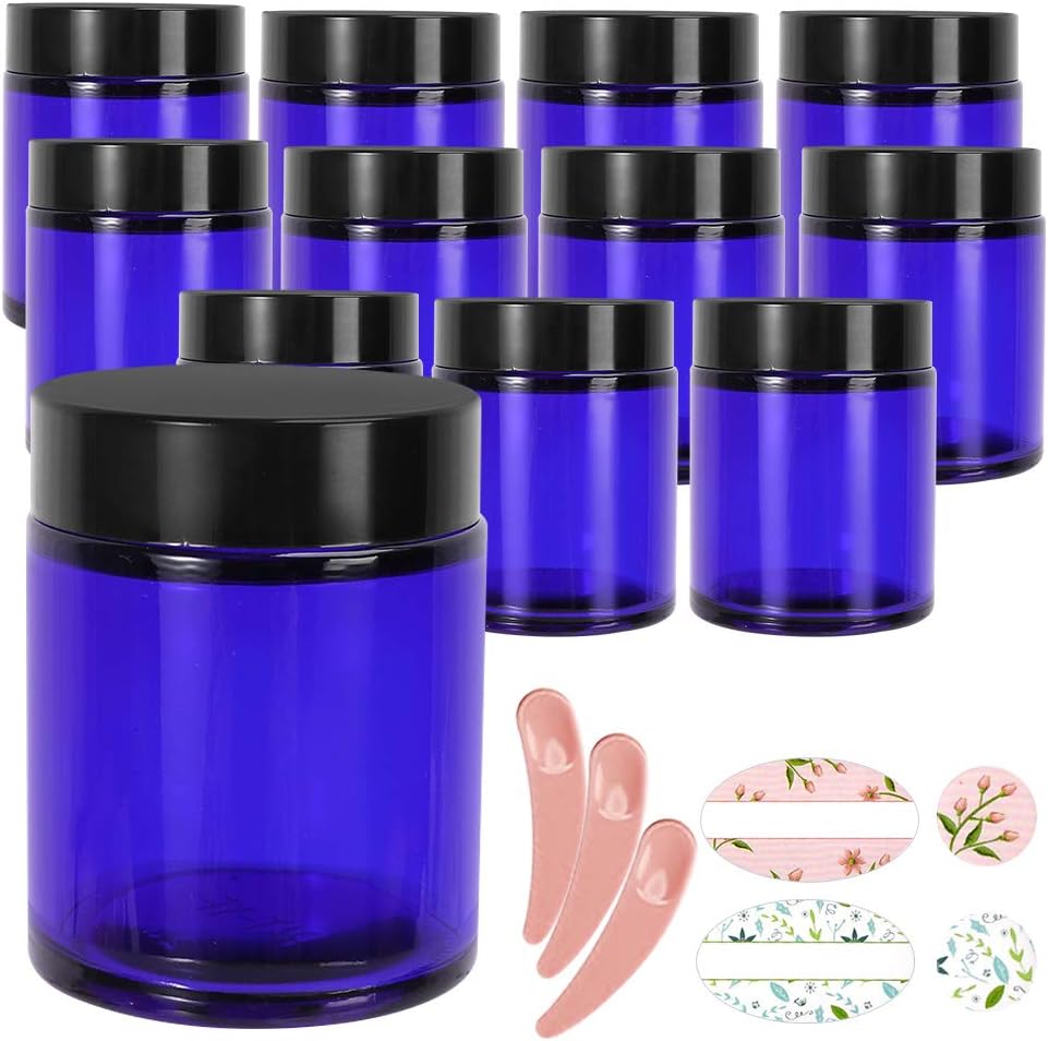 12 Pack 120 ml 4 oz Blue Glass Jars with Black Lids & Inner Liners,Round Jars for Cosmetics and Face cream Lotion.