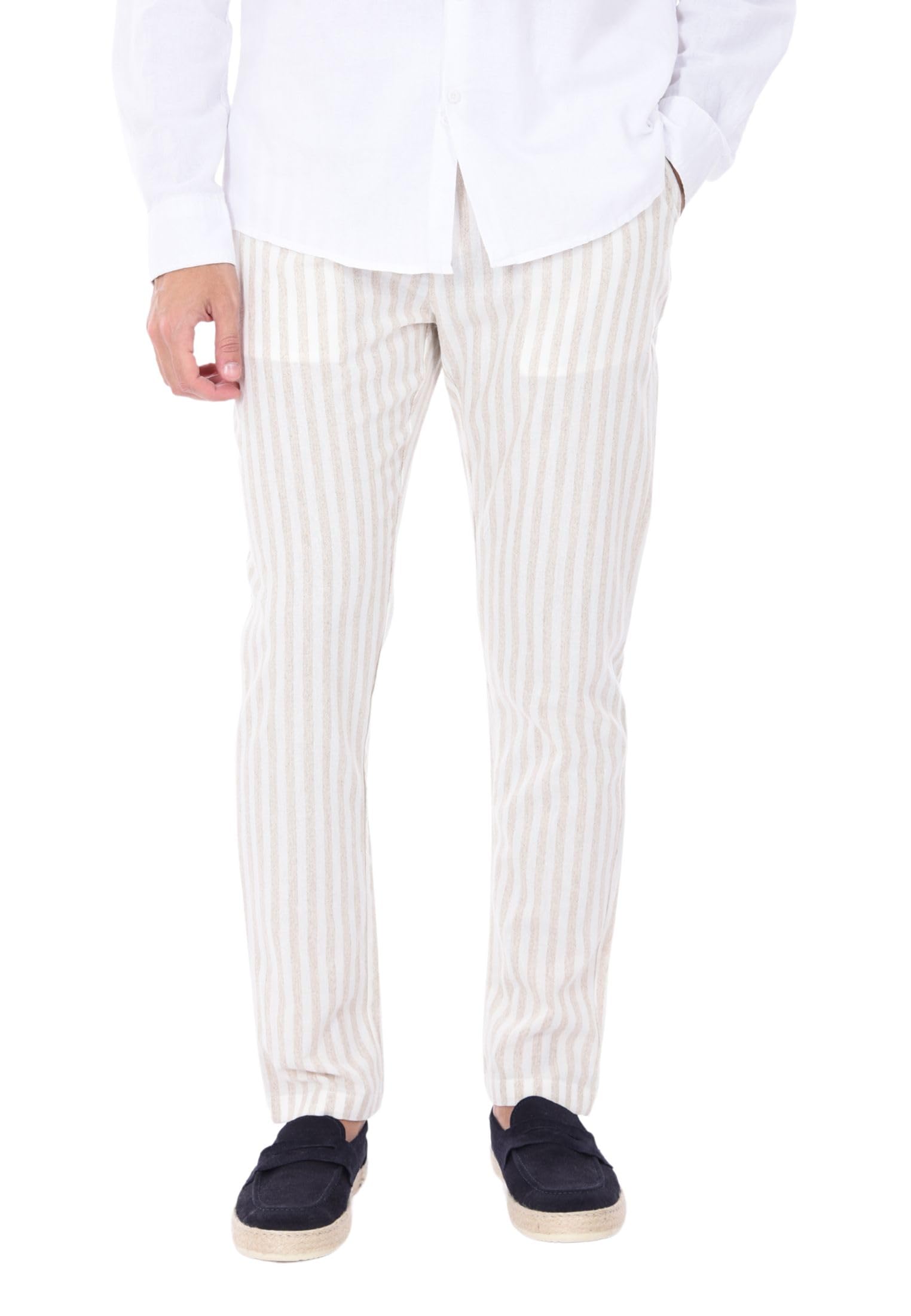 Pantaloni Uomo Lino Estivi Leggeri Fantasia a Righe Pantalone Rigato Elegante Elastico e Laccio in Vita Slim Fit