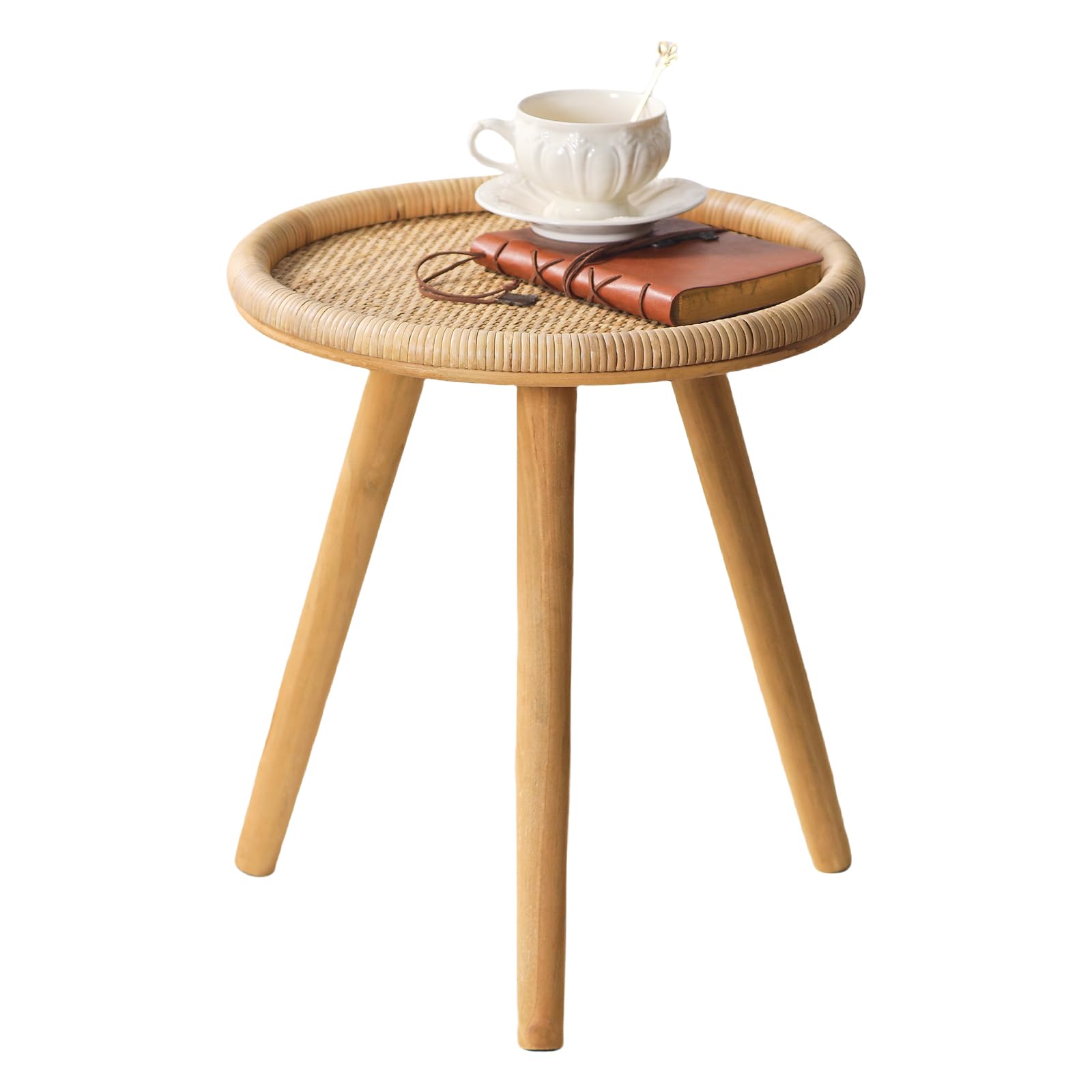 Rattan Round Side Table, Boho Circle Coffee Table End Table for Living Room, Small Mid Century Accent Table for Bedroom Balcony