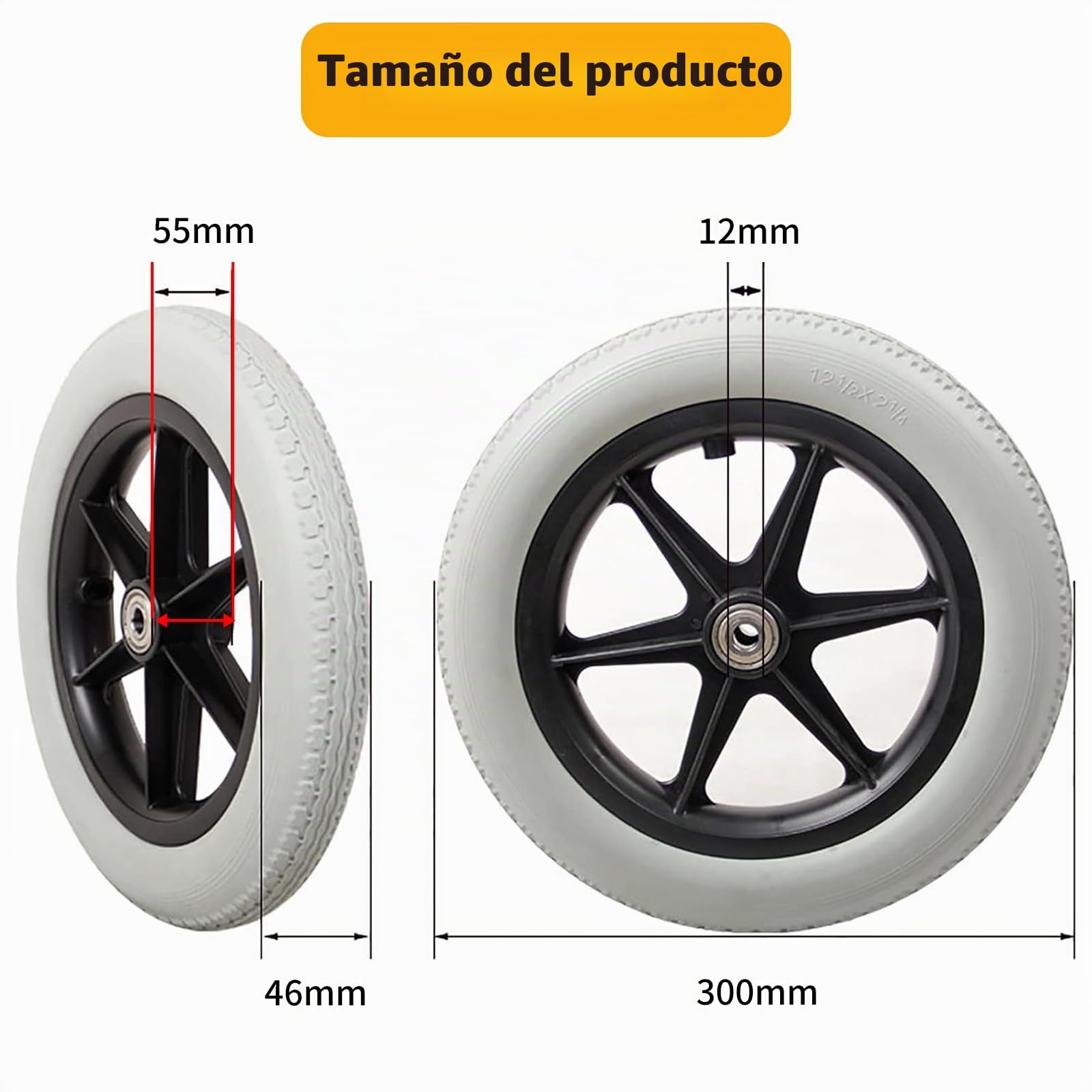 Accesorio Repuestos sillas de Ruedas, 12 Pulgadas Ruedas Delanteras Goma para incapacitados & Mayores, Poliuretano Antideslizante Infarctate Rueda Trasera Neumático Sólido para reemplazo (Gris, 1pcs)