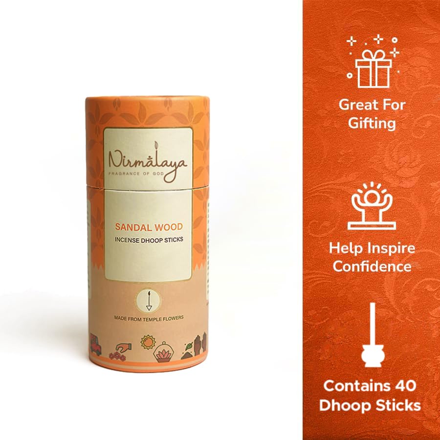 Image of Nirmalaya Premium Sandalwood Incense Combo Pack | 100% Natural Organic | 40 Incense Sticks, 40 Incense Cones, 40 Dhoop Sticks | Long-Lasting Fragrance for Pooja, Meditation & Yoga