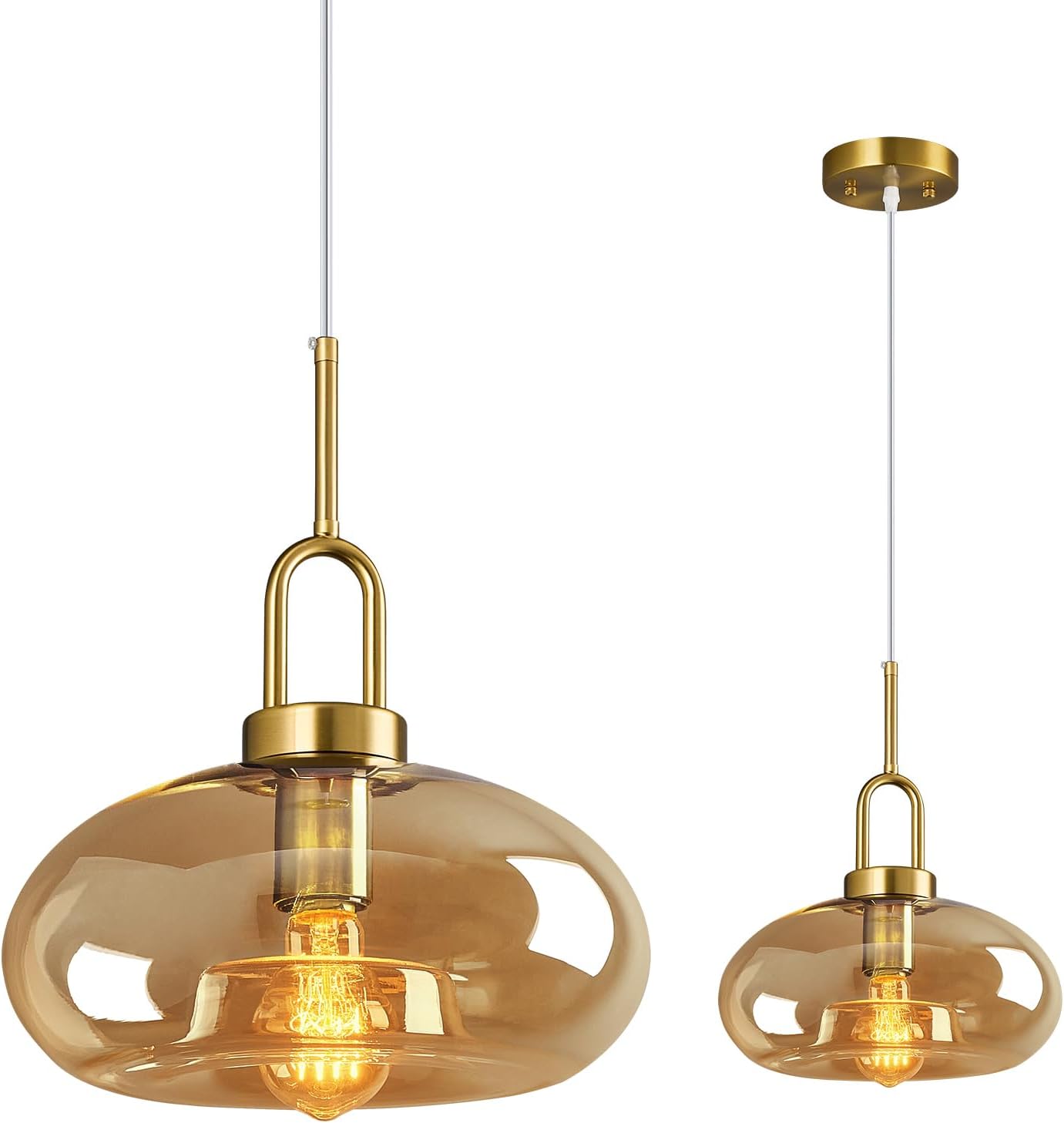 Cognac Glass Pendant Lights Kitchen Island Gold Pendant Light Fixtures Adjustable Height Modern Pendant Lighting for Bedroom Dining Room (11.02 in 1-Pack) Cognac - 11.02 in