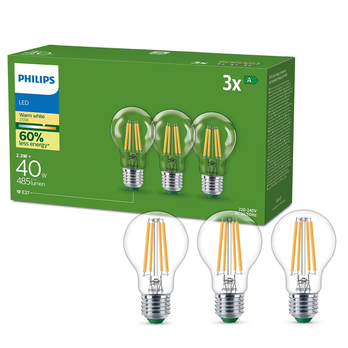 PHILIPS Classic ultraeffiziente E27 LED Lampe, 40W, warmweiß, klar, 3-er Pack