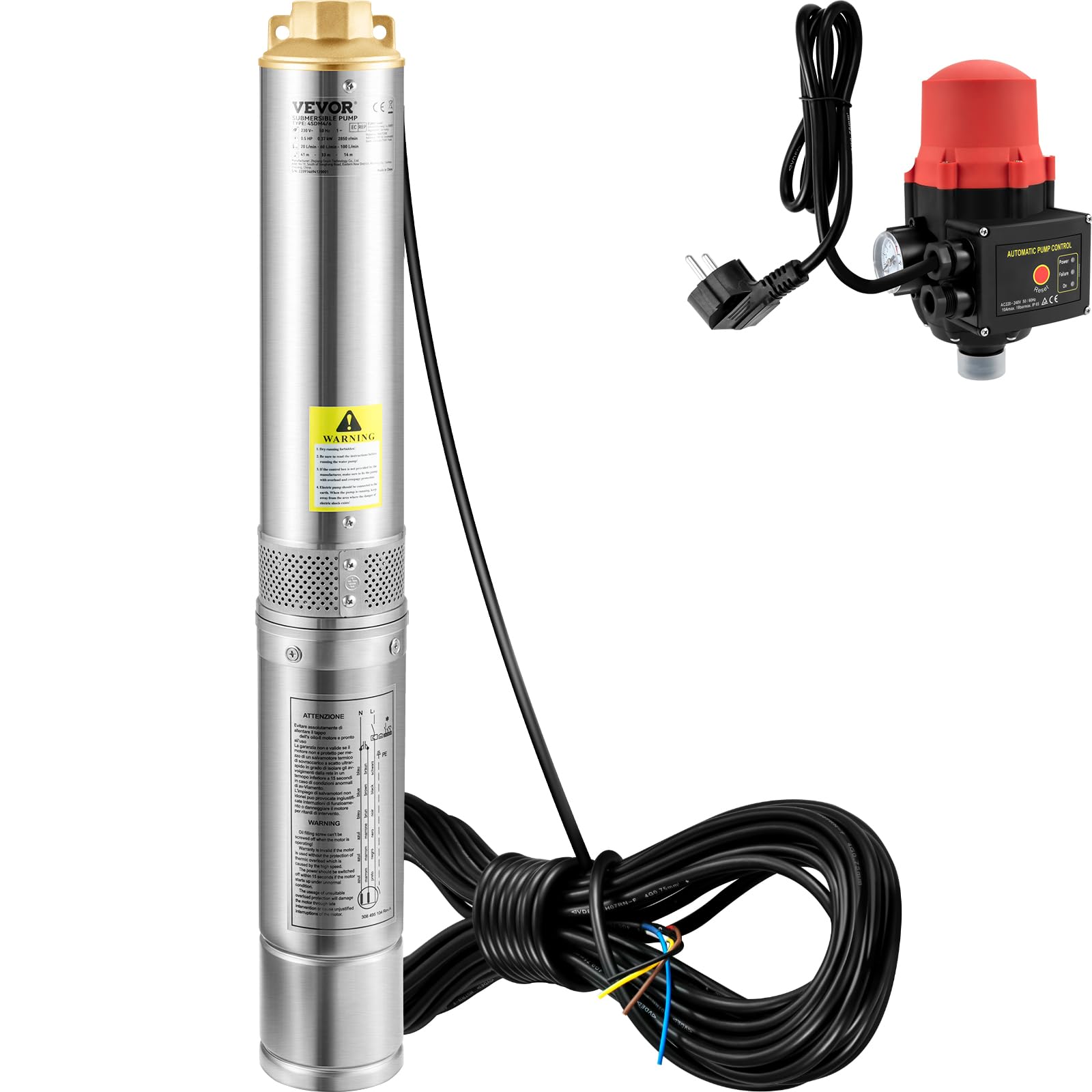 VEVOR 3, 5" Tiefbrunnenpumpe 750W Brunnenpumpe 105L/min Tauchpumpe max. Förderhöhe 62m Rohrpumpe 230V 50Hz Sandpumpe IP68 Wasserpumpe 11 Laufradstufen Pumpe Ideal zur Bewässerung, Silber
