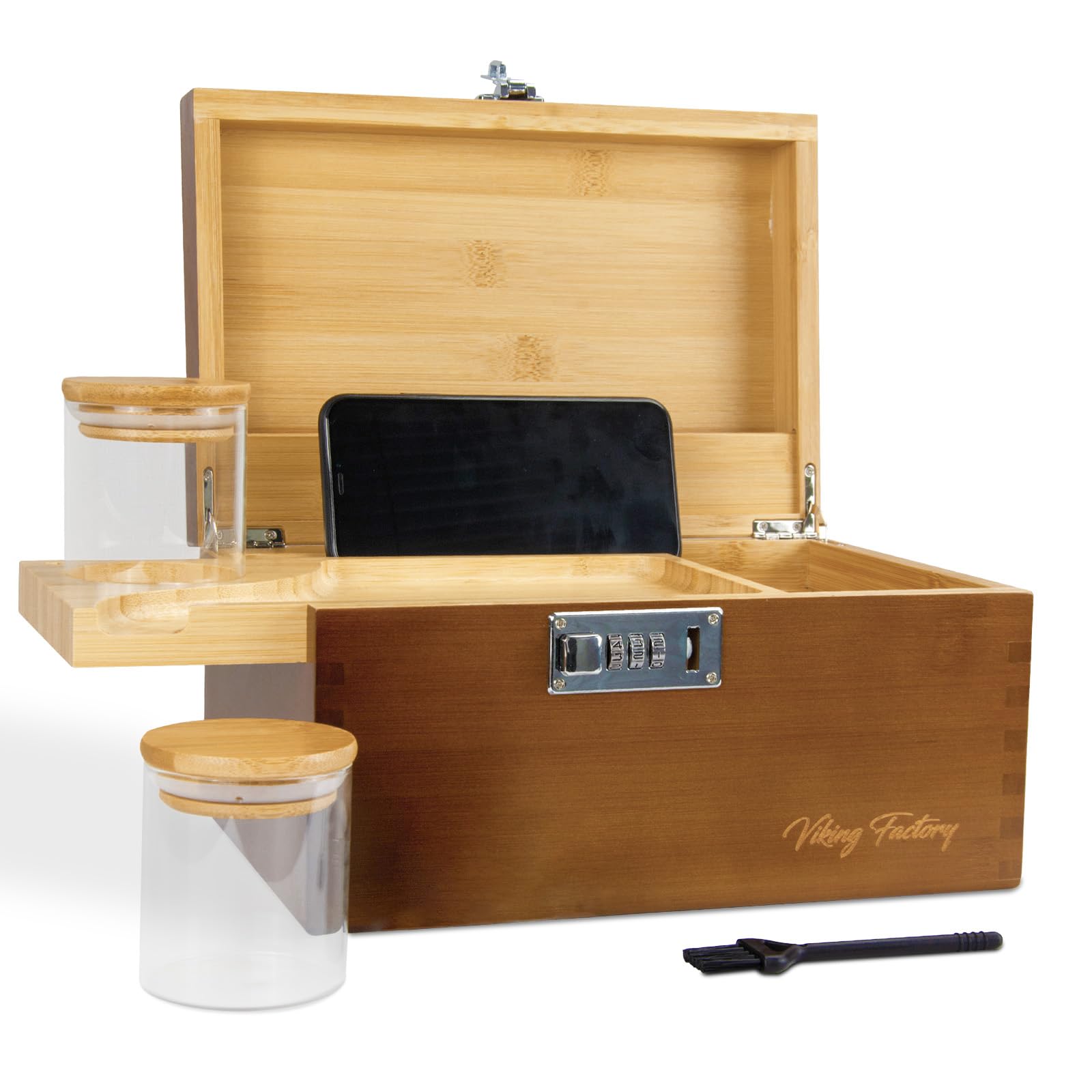 Large Decorative Bamboo Box, Great Gift Choice, Mortise-Tenon Crafted Home Office Lock Storage Organizer Set w/Sliding Tray & 2 Glass Jars (Brown)