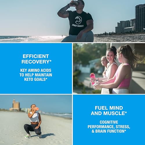 Miniatura 5 de Honey Badger BCAA - Polvo de aminoácidos  BCAAs veganos de frambuesa azul cetogénico  EAA para hombres y mujeres  Electrolitos para hidratación y