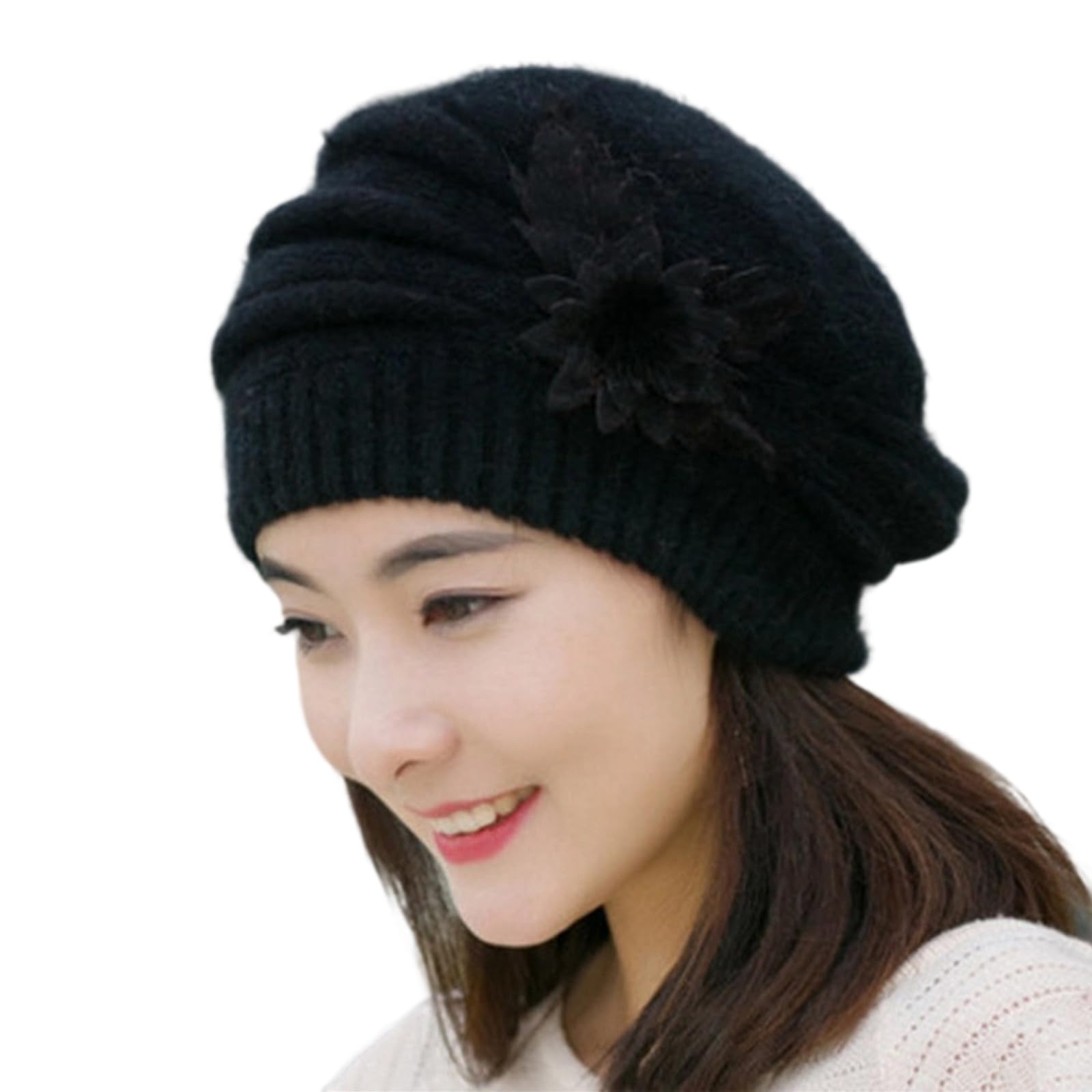 MICFENY Elegant Flower Decors Knitted Cap Thickened Rabbits Furs Pullover Hat for Cold Weather Warm Headwear For Women