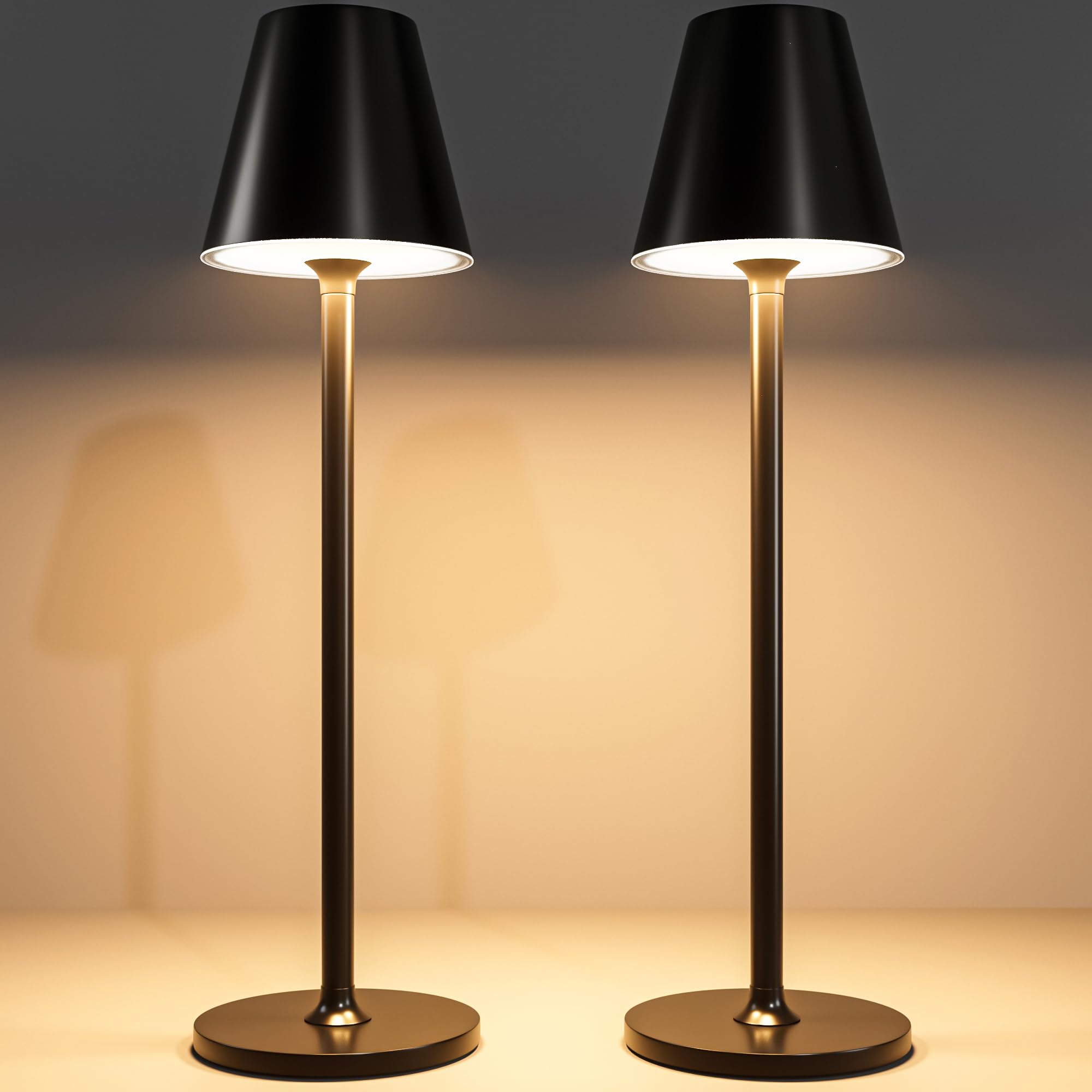 2 Pack LED CordlessTable Lamp,4000mAh Rechargeable Battery Desk lamp,3 Level Brightness Night Light,Minimalist Design, for Couple Dinner/Coffee Table/Restaurant/Bedroom(Black 2pack)