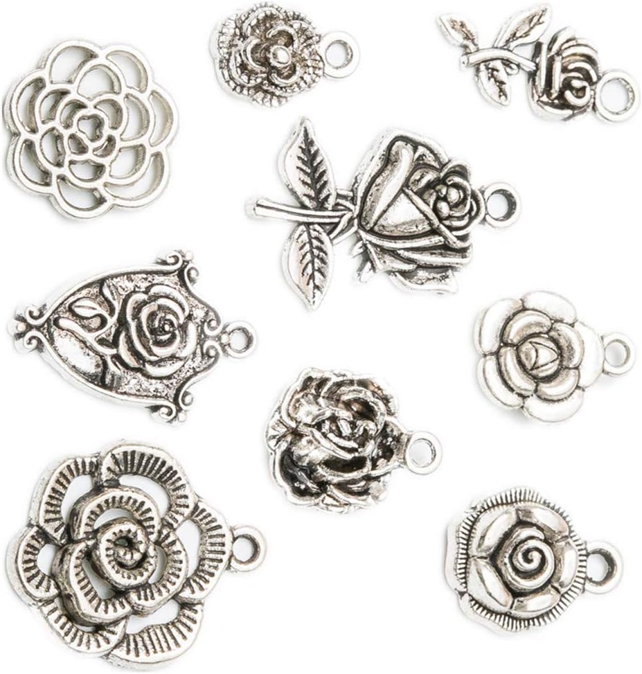 Zhiheng 90 Pack 3D Rose Pendant Flower Charms Antique Silver Bracelet Necklace Jewelry Making Beads for Birthday Christmas Valentine's Gift - Image 5