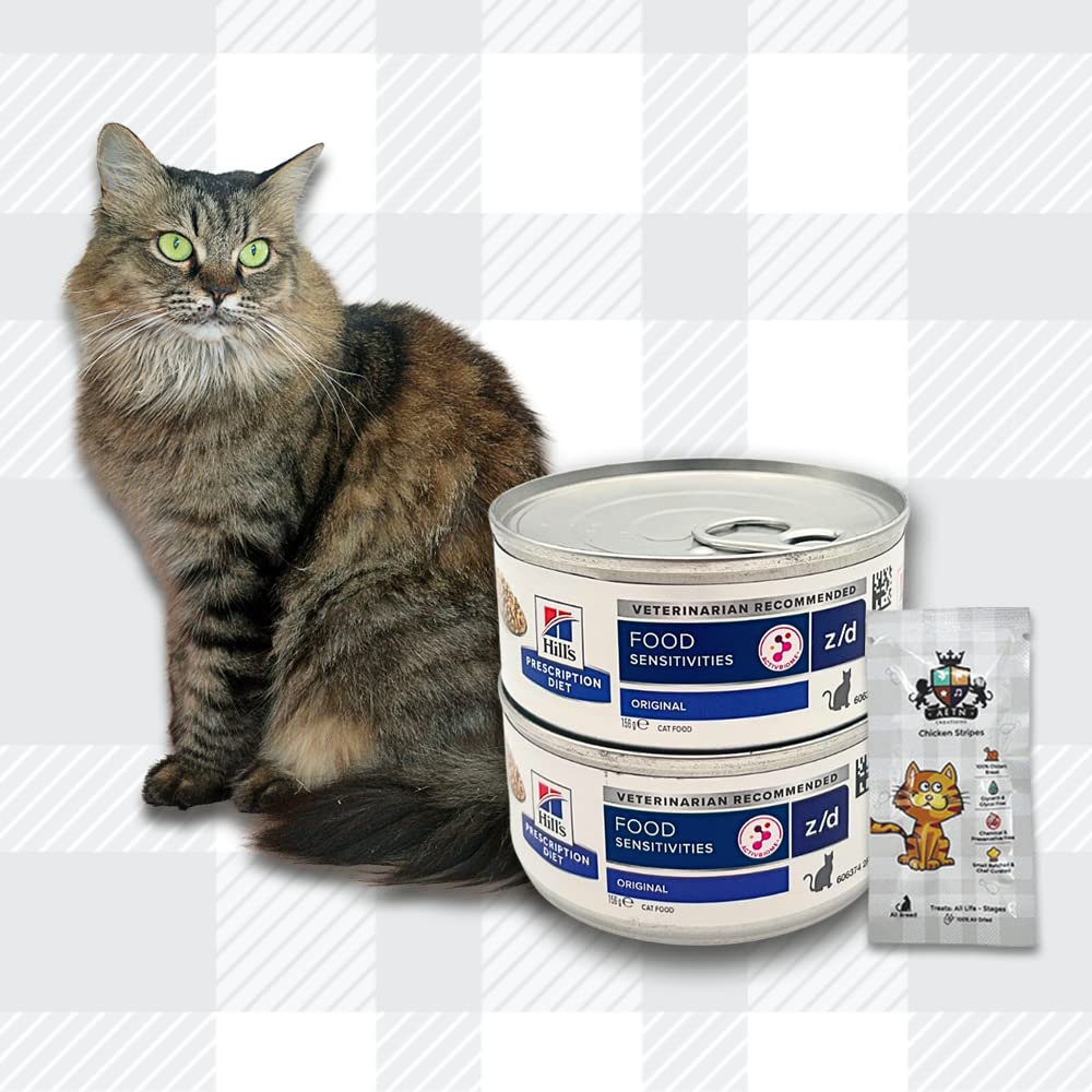 AETN Creations Z/D Alimento Húmedo para Gatos con Sensibilidad Alimentaria, Paquete de 12 Latas de 156g, con Golosina y Juguete para Gato de AETN