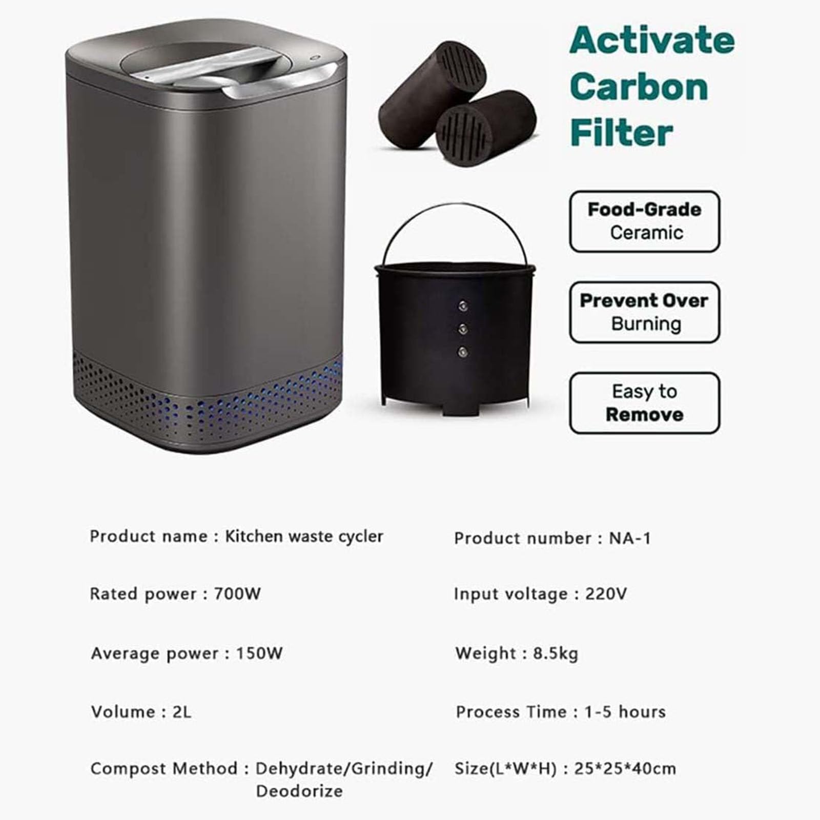 Compostador eléctrico residuos Cocina,Convierte los residuos Alimentos en abono,contenedor abono eléctrico con Soporte Inteligente Gran Capacidad,compostador Cocina