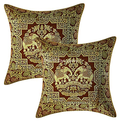 Image of Decorative Brocade Cushion Covers 16 Inch x 16 Inch Banarasi Jacquard Coffee Brown & Gold Living Room Elephant Traditional Square 40x40 cm Zippered Sofa Settee Pillowcases -Set of 2 Pcs