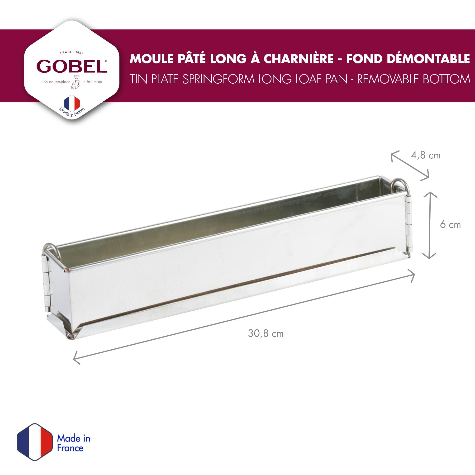Gobel Moule à Pâté Croute Long 30 x 4 cm – Mini Moule à Charnière en Fer Blanc – Fond Amovible – Idéal Terrines et Pâtés Maison – Fabrication Française