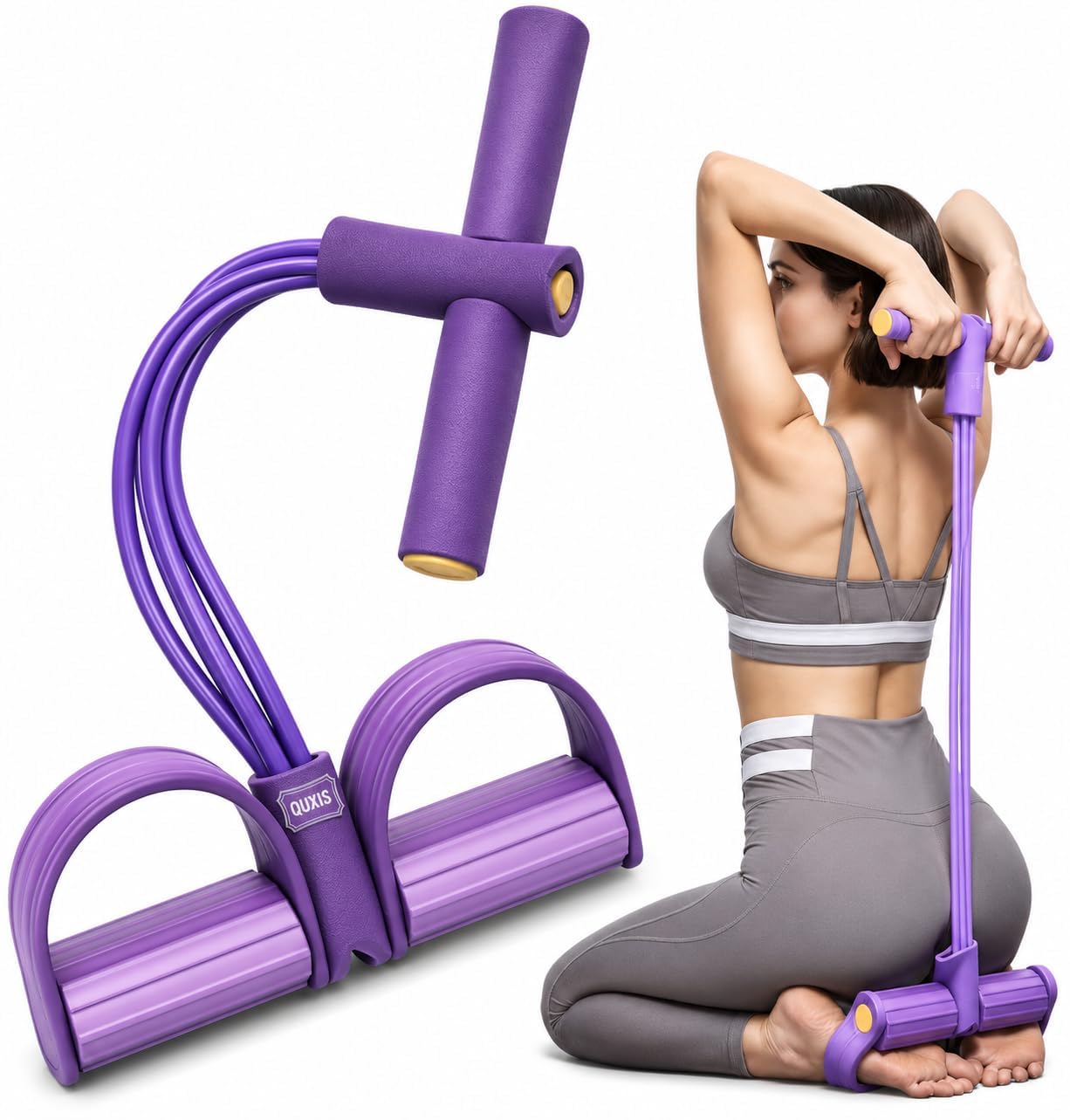quxis pedal resistance band sit-up pull rope exerciser, purple | 4 natural latex tubes, foam handles, full body workout, home gym use, foot pedal design