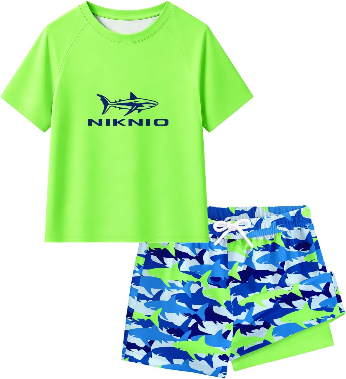Boys Swim Set 2 Piece Short Sleeve Rash Guard Shirt with Compression Liner Swim Trunks UPF 50+ Swimsuit 7-16Y