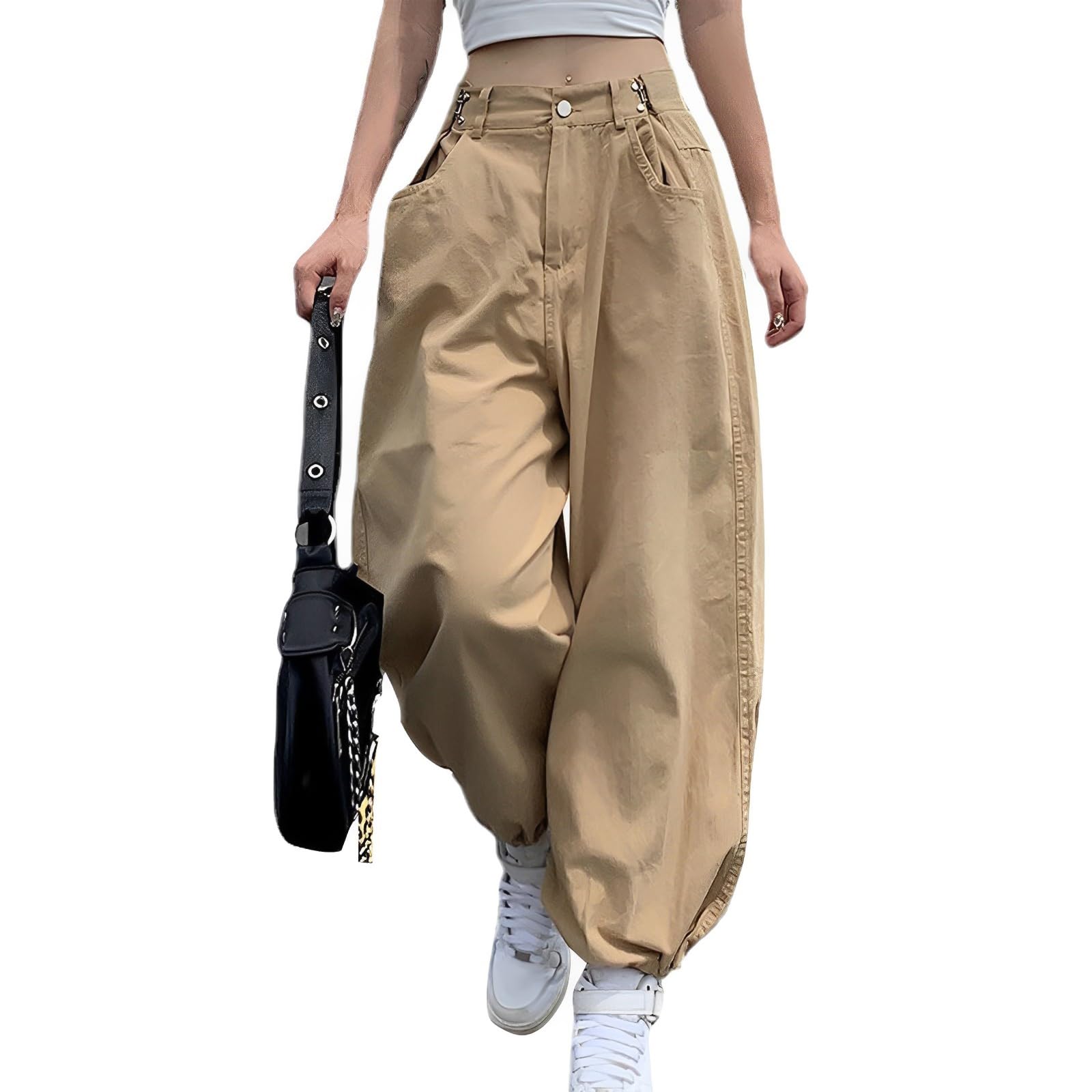 ATOFY Women Hiking Cargo Pants Lightweight Adjustable Waist Baggy Parachute Pants Y2K Jogger Khaki