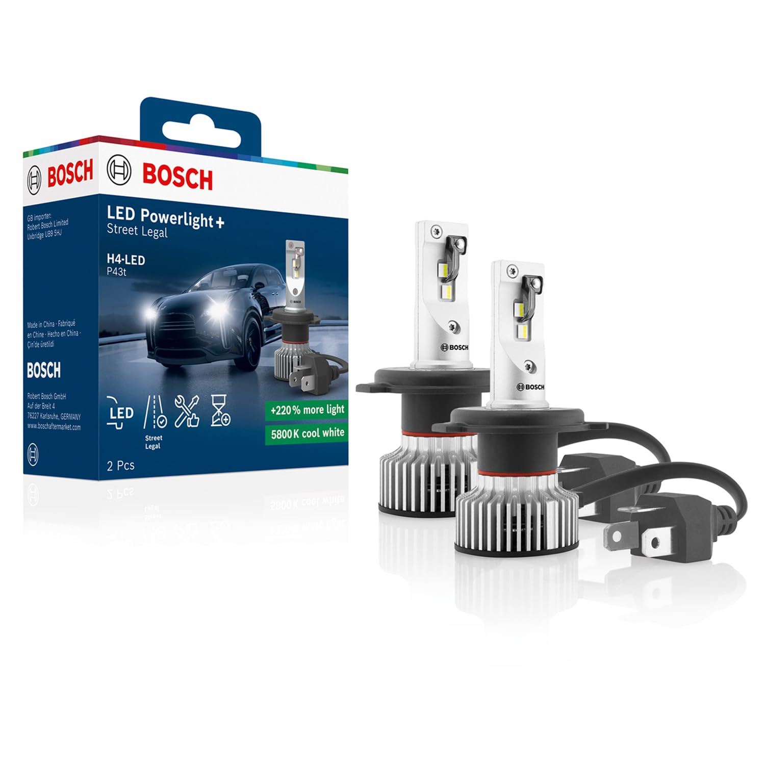 Bosch H4-Powerlight+ - Nachrüst-LED-Lampen - 12 V 19 W, 5800 K, cool-weißes Licht, Plug-and-Play-Upgrade, bis zu 2000 Std. Lebensdauer, 2 Stück
