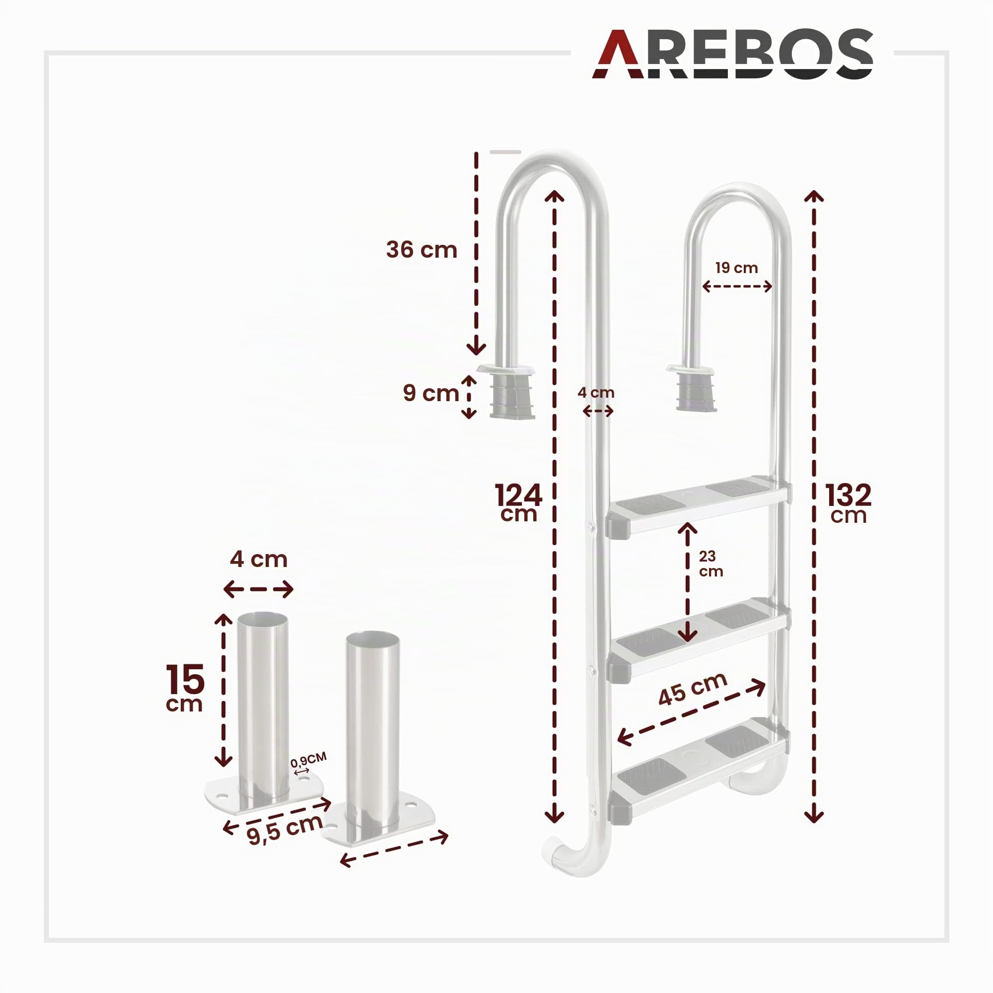 Arebos Scaletta in acciaio inox a 3 o 4 gradini | con cuscinetti antiscivolo sui pioli | 3 livelli