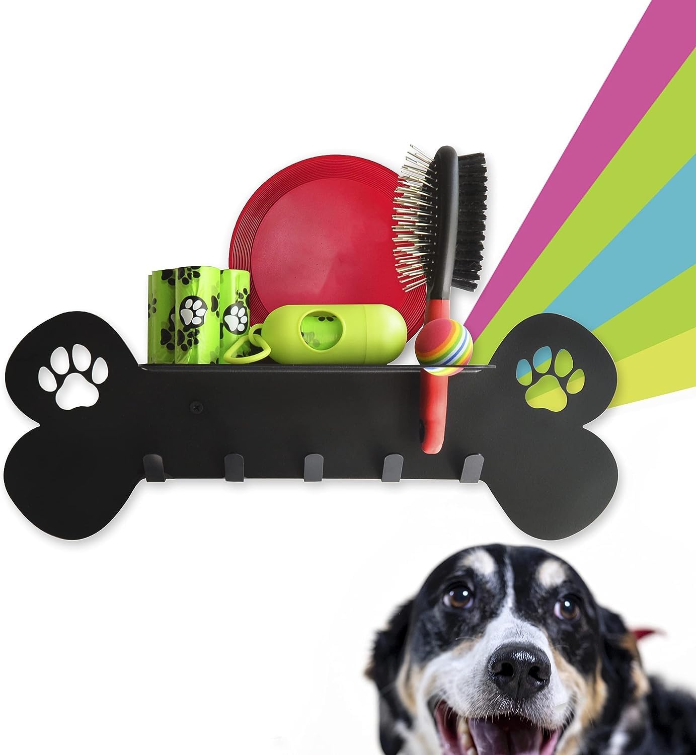 Appendiabiti da parete per cani con mensola e spazio per accessori per passeggiate e igiene, 100% acciaio al carbonio