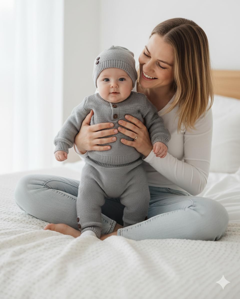 Minora Baby Premium - Conjunto de punto de 3 piezas con suéter, pantalones y gorro de punto, elegante conjunto de invierno para recién nacidos y bebés de 0 a 12 meses
