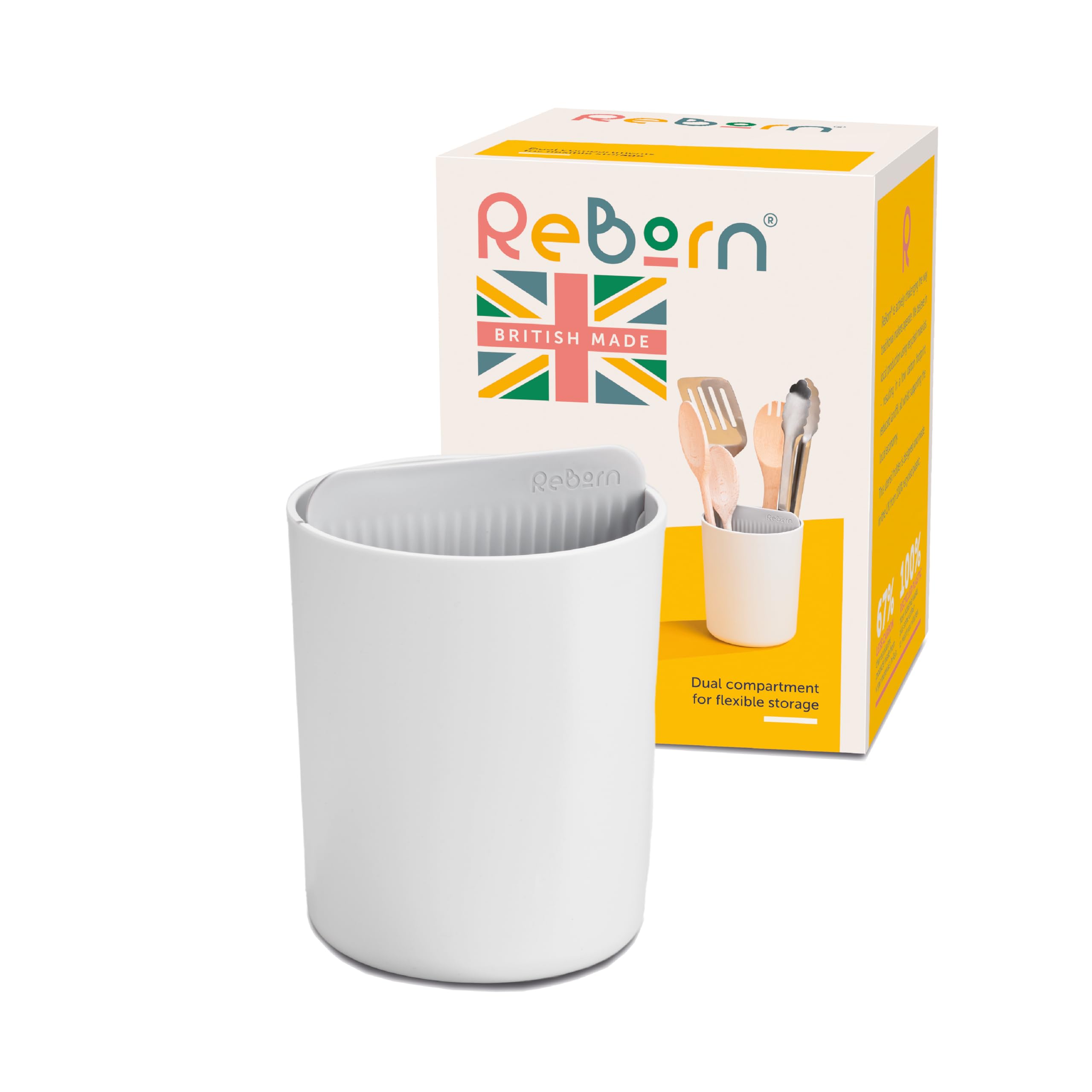 Reborn Stone - Recycled Utensil Holder - Kitchen Organiser - Two Sections Keeping Utensils Upright, Organised And Tidy - Easy Cleaning - Dishwasher Safe - Made In Britain (Stone)