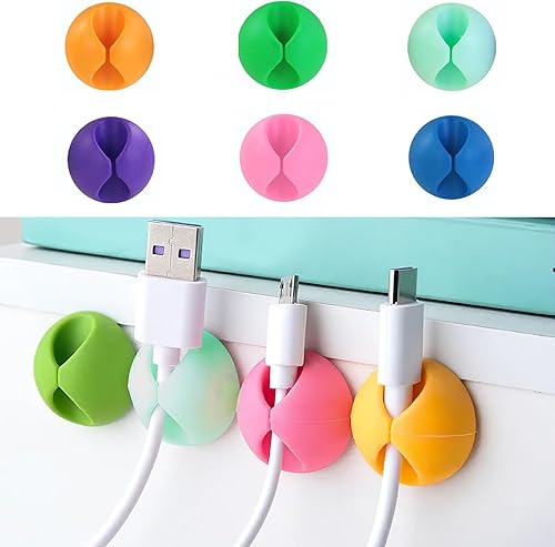 Miniatura 1 de Organizador de cables, paquete de 6 soportes de silicona para organizar escritorio, mesita de noche, cargador de teléfono de coche (mezcla de